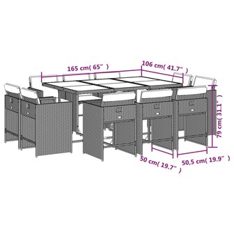 11-delige Tuinset met kussens poly rattan bruin