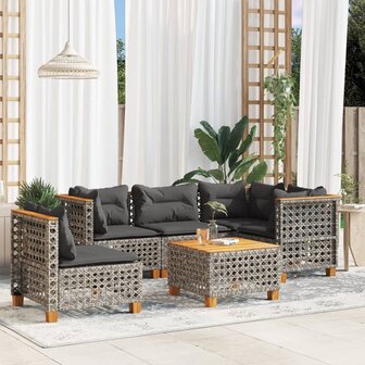 6-delige Loungeset met kussens poly rattan grijs