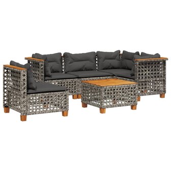 6-delige Loungeset met kussens poly rattan grijs