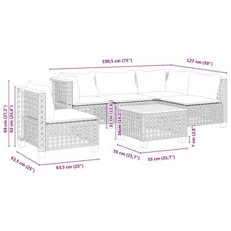 6-delige Loungeset met kussens poly rattan grijs