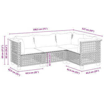 4-delige Loungeset met kussens poly rattan grijs