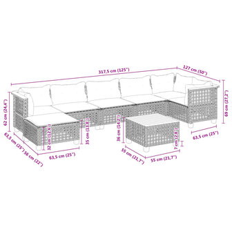 8-delige Loungeset met kussens poly rattan grijs