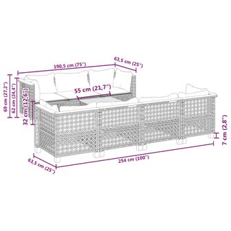 8-delige Loungeset met kussens poly rattan grijs