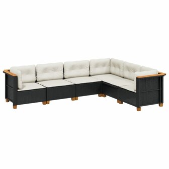 6-delige Loungeset met kussens poly rattan zwart