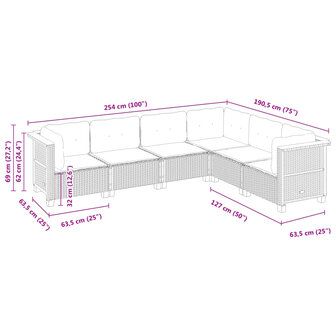 6-delige Loungeset met kussens poly rattan zwart