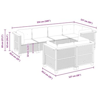7-delige Loungeset met kussens poly rattan zwart