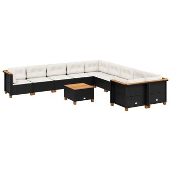 11-delige Loungeset met kussens poly rattan zwart