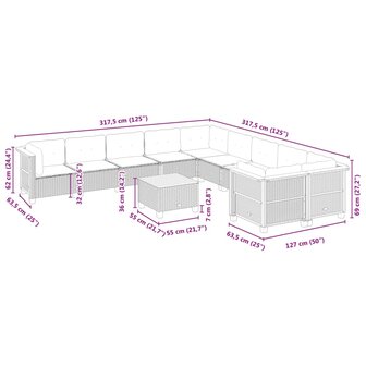 11-delige Loungeset met kussens poly rattan zwart