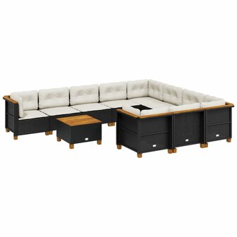 11-delige Loungeset met kussens poly rattan zwart