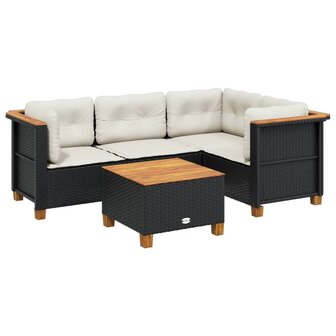 5-delige Loungeset met kussens poly rattan zwart