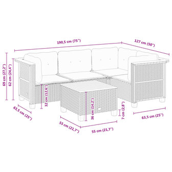 5-delige Loungeset met kussens poly rattan zwart