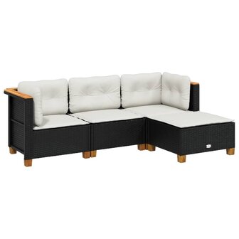 4-delige Loungeset met kussens poly rattan zwart