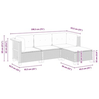 4-delige Loungeset met kussens poly rattan zwart