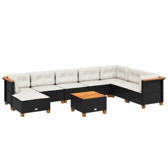 9-delige Loungeset met kussens poly rattan zwart