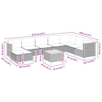 9-delige Loungeset met kussens poly rattan zwart