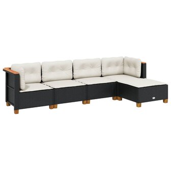5-delige Loungeset met kussens poly rattan zwart