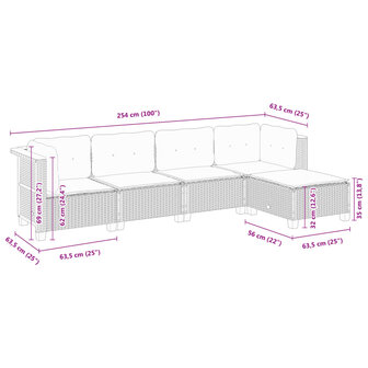 5-delige Loungeset met kussens poly rattan zwart