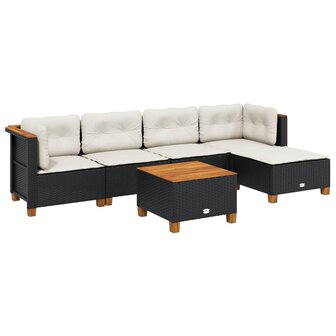 6-delige Loungeset met kussens poly rattan zwart
