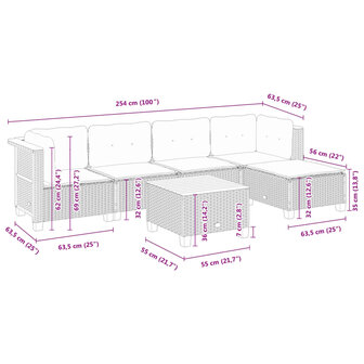 6-delige Loungeset met kussens poly rattan zwart