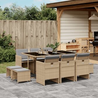 11-delige Tuinset met kussens poly rattan gemengd beige