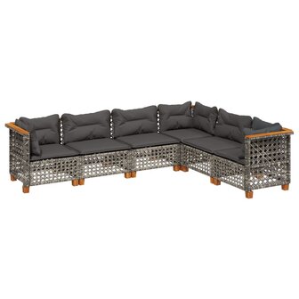 6-delige Loungeset met kussens poly rattan grijs