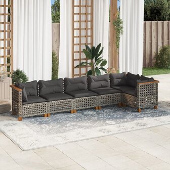 6-delige Loungeset met kussens poly rattan grijs