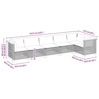 6-delige Loungeset met kussens poly rattan grijs