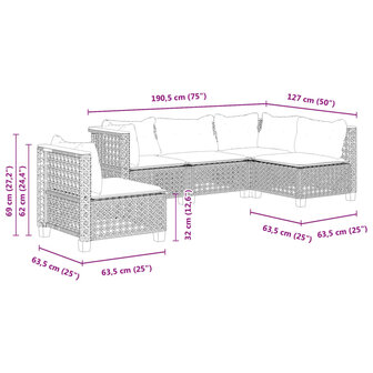 5-delige Loungeset met kussens poly rattan grijs