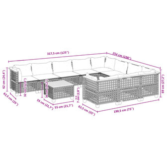 11-delige Loungeset met kussens poly rattan grijs