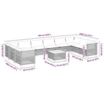 11-delige Loungeset met kussens poly rattan grijs