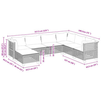 7-delige Loungeset met kussens poly rattan grijs