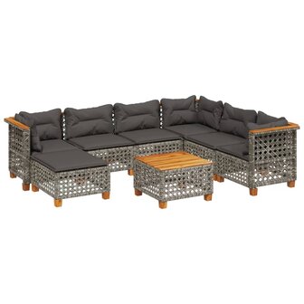 8-delige Loungeset met kussens poly rattan grijs