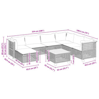 8-delige Loungeset met kussens poly rattan grijs