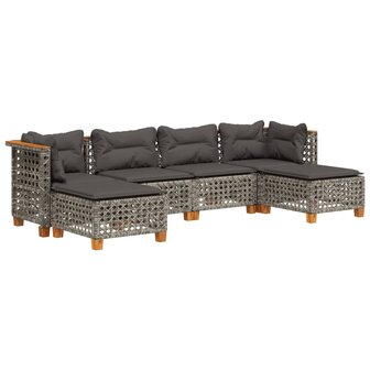 6-delige Loungeset met kussens poly rattan grijs