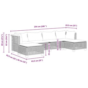 6-delige Loungeset met kussens poly rattan grijs