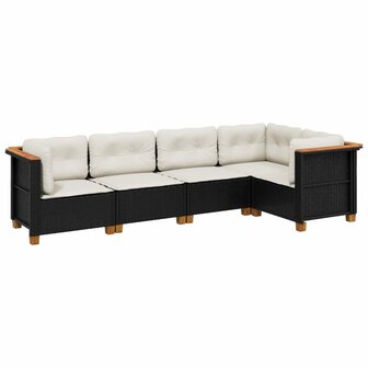 5-delige Loungeset met kussens poly rattan zwart