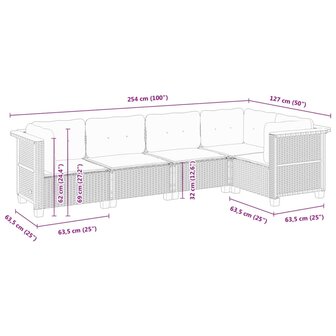 5-delige Loungeset met kussens poly rattan zwart