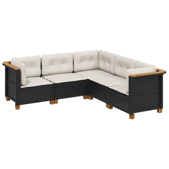 5-delige Loungeset met kussens poly rattan zwart
