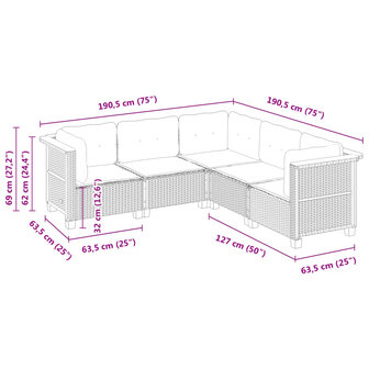 5-delige Loungeset met kussens poly rattan zwart