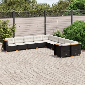 10-delige Loungeset met kussens poly rattan zwart