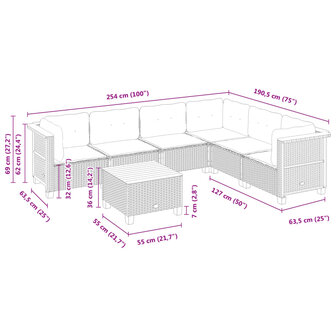 7-delige Loungeset met kussens poly rattan zwart