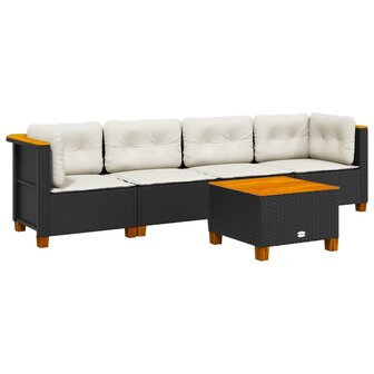 5-delige Loungeset met kussens poly rattan zwart