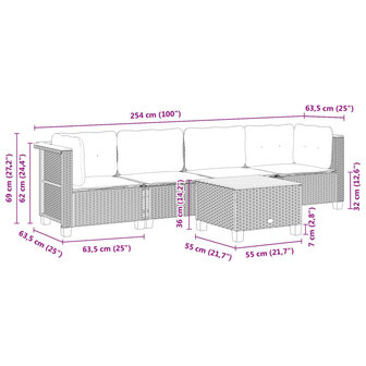 5-delige Loungeset met kussens poly rattan zwart