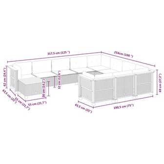 11-delige Loungeset met kussens poly rattan zwart