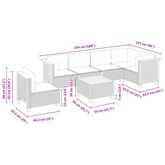 7-delige Loungeset met kussens poly rattan zwart