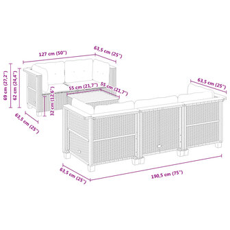 6-delige Loungeset met kussens poly rattan zwart