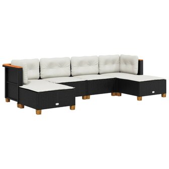 6-delige Loungeset met kussens poly rattan zwart