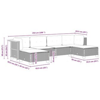 6-delige Loungeset met kussens poly rattan zwart