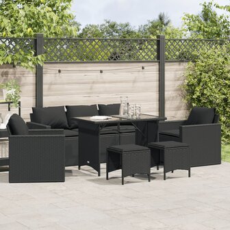 6-delige Loungeset met kussens poly rattan zwart