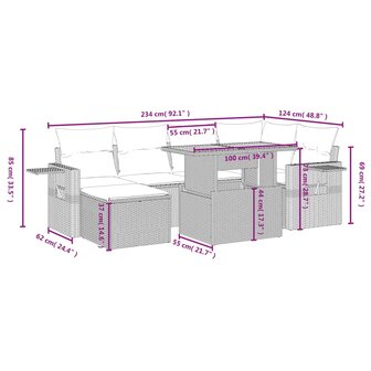 7-delige Loungeset met kussens poly rattan beige